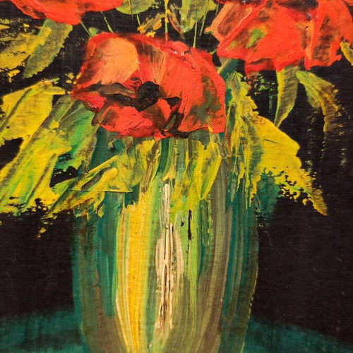 Manos Zacharakis oil painting used, Red Flowers in Green Vase