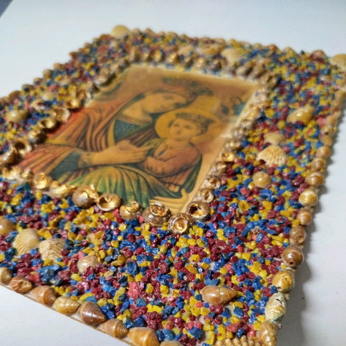 Old Icon of Panagia used, shell and stone frame