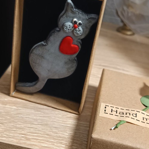 Handmade Cat Brooch with Red Heart, New