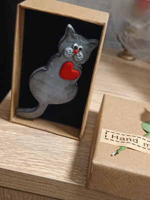 Handmade Cat Brooch with Red Heart, New