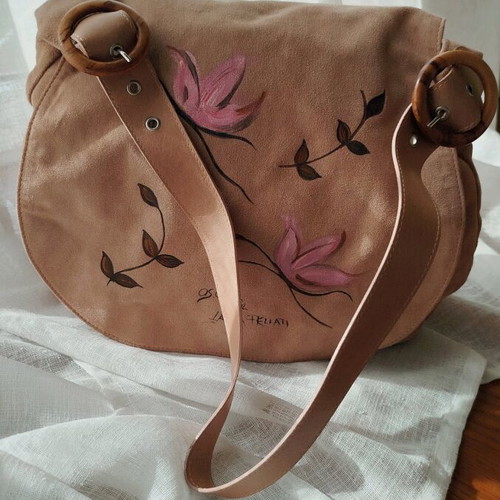 Shoulder bag made of genuine suede like new, hand painted