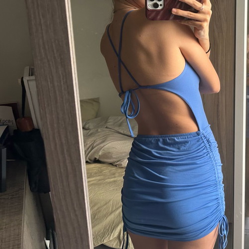Blue bodycon mini dress with tie up detail like new