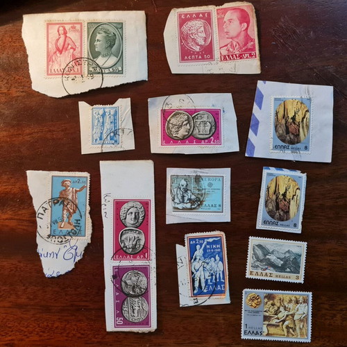 Stamps used, pack of 15, 13 canceled, 2 unused
