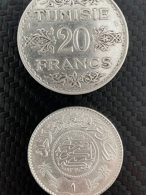 Silver coins 20 Francs Tunisia 1935 and 1 Riyal Saudi Arabia 1950 new