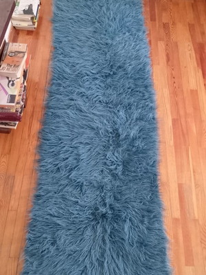 Vintage flokati runner washed denim blue with teal fringe, like new
