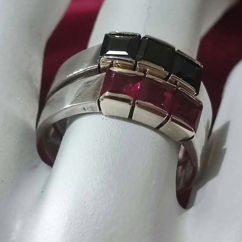 Silver and gold rings like new with red and blue princess cut zircon