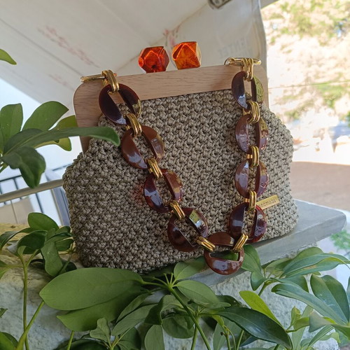 Handmade clutch bag beige with wooden frame and amber beads, new