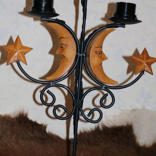 Vintage lamp with 3 Edison bulbs and carved moon designs