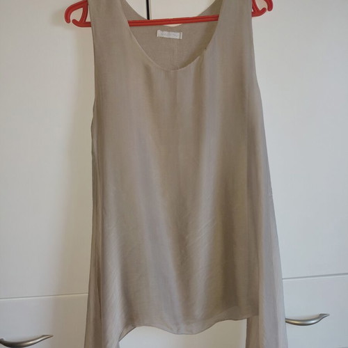 Soprano women's top medium beige satin texture, asymmetrical sides, like new