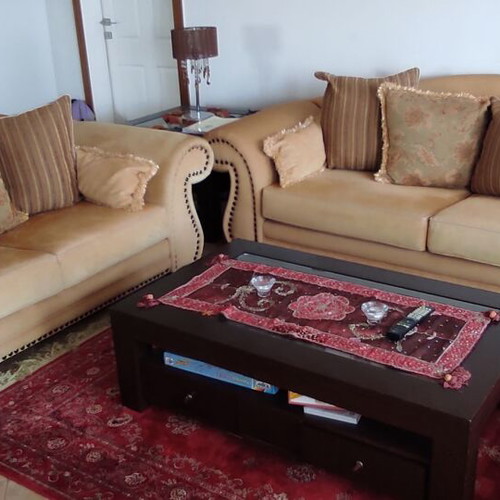 Classic sofa set used, three-seater and two-seater, beech wood with Dutch fabric