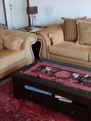 Classic sofa set used, three-seater and two-seater, beech wood with Dutch fabric