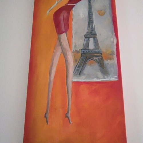 Canvas paintings like new, set of 4 in red-orange shades