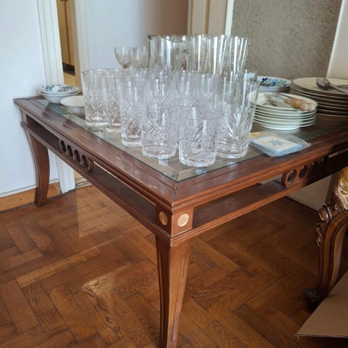 Mid-Century Vintage Coffee Table used, solid walnut wood and inset glass