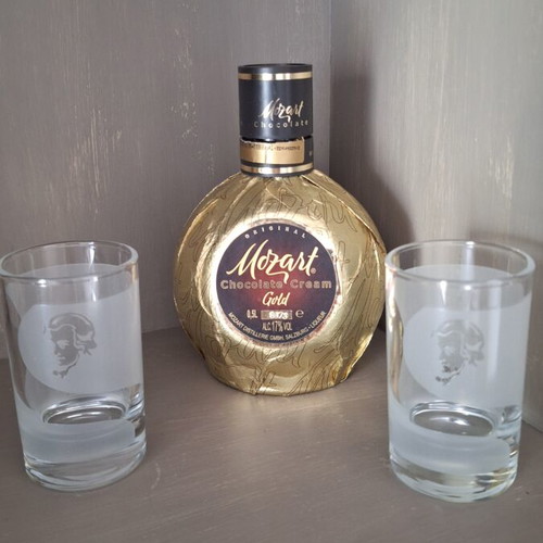Mozart chocolate cream gold bottle with two promotional glasses used