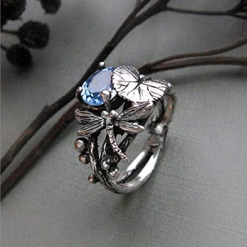 Fashion women's ring with blue topaz and dragonfly, new