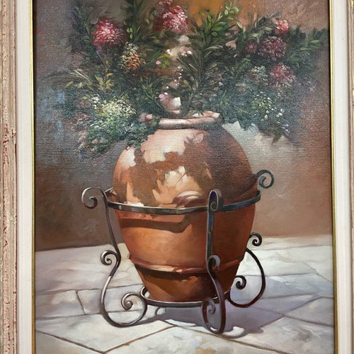 Grassia oil painting used, vase with flowers in handmade carved frame