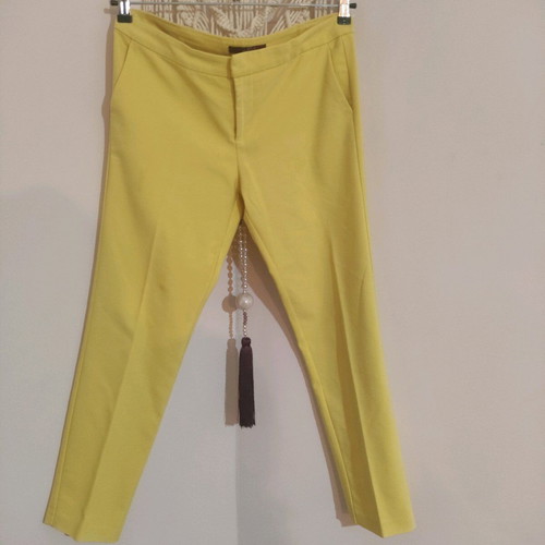 Office pants and top with hearts used, yellow and blue