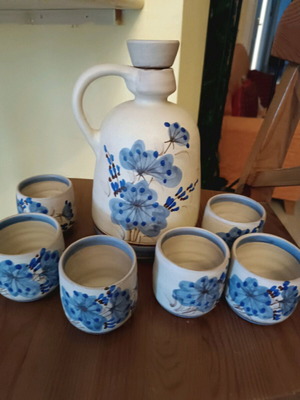 Ceramic jug with cups like new, hand-painted set