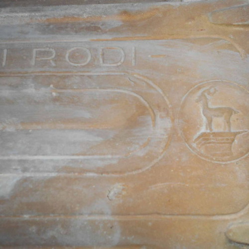 Ceramic roof tile used with ''Laterizi di Rodi'' mark and deer