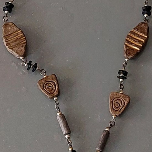 Vintage handmade boho necklace with pocket watch pendant and ceramic stones like new
