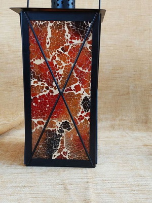 Large lantern 36 cm with crackle mosaic glass in honey and red tones like new