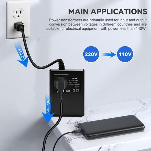 Voltage converter 220 V to 110 V, 140 W, EU to US