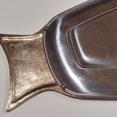 Serving platters used, stainless steel with brass engravings, set of 3