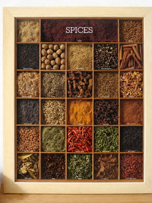 Wooden Spices Kitchen Wall Decor with Glass used, rustic 47x57 cm