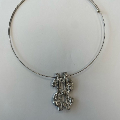 Choker necklace dollar pendant used, brown and silver