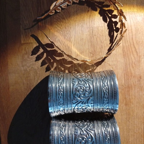 Ancient Greek accessory set with gold laurel wreath and 2 silver cuffs