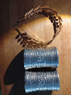 Ancient Greek accessory set with gold laurel wreath and 2 silver cuffs