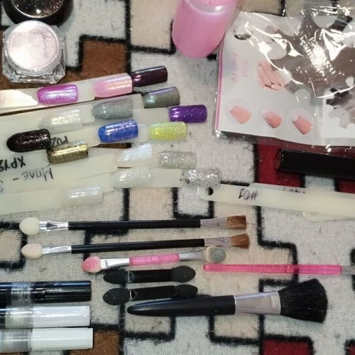 Large nail art set like new with glitter, foil, rhinestones, and decorations