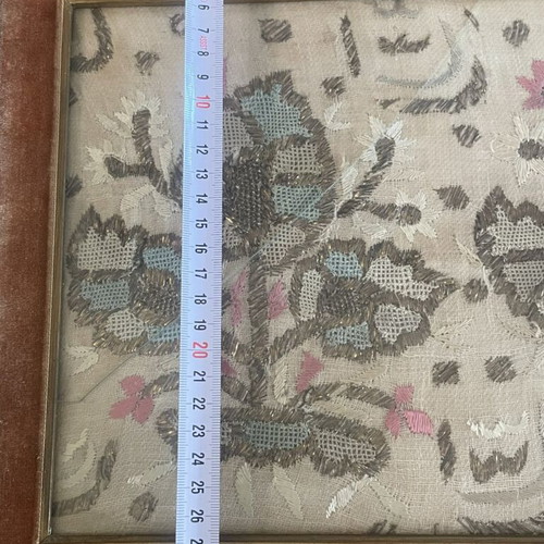 Silk handmade embroidery in aged gold and velvet frame