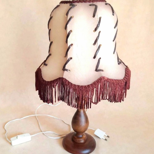 Set of 2 Vintage 70s Boho Lamps with Burgundy Fringe
