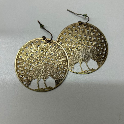 Ethnic round dangle earrings with peacocks used, gold color