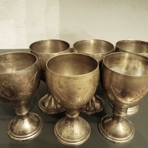 Vintage wine glasses used, set of 6, silver-plated brass