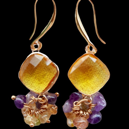 18K Gold Plated Earrings with Amethyst and Citrine, Length 4.5 cm