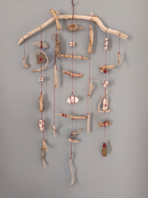 Handmade wall decor with driftwood, pebbles and waxed thread new