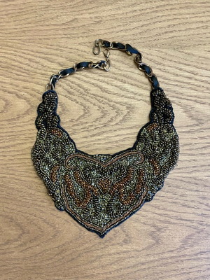 Short necklace made of fabric with embroidered beads like new, black