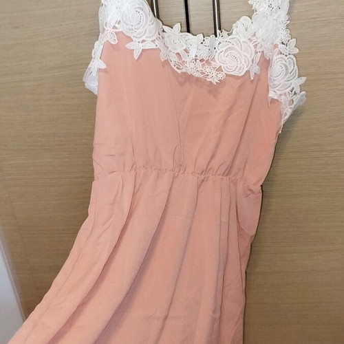 Coral dress with white floral design, size Large, new