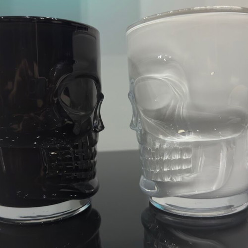 Set of 2 glass skull mugs used, handmade painted