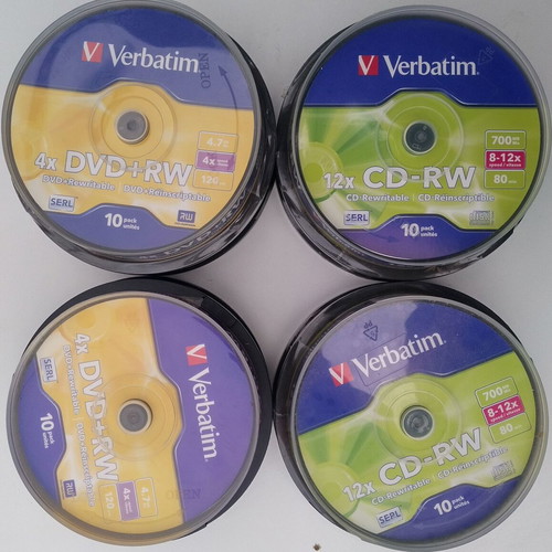 Verbatim CD-RW and DVD-RW boxes new, 8 packs of 10 discs plus Sony CD-R 47 pcs