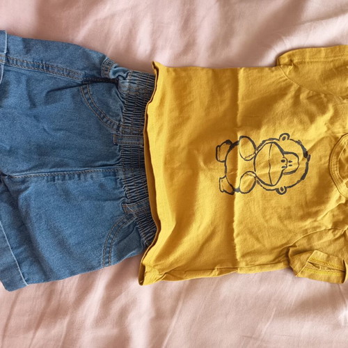 Benetton baby set 6-9m like new with denim shorts and mustard t-shirt