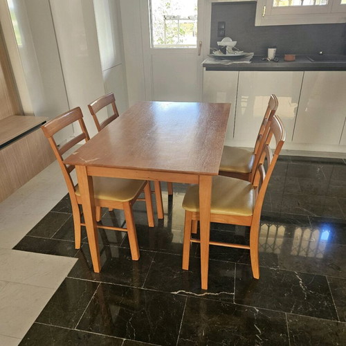 Wooden kitchen dining set used with 4 yellow leather chairs