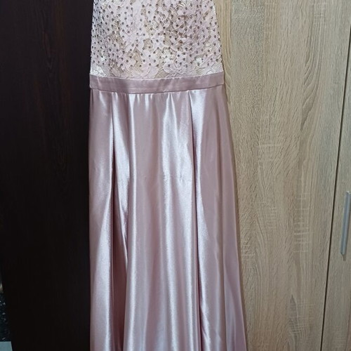 Pink satin evening dress with rhinestones, size L