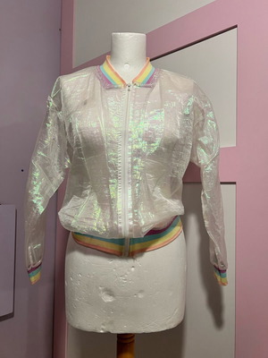 Ιριδίζον see through bomber jacket με πολύχρωμα ριμπ τελειώματα, μέγεθος S