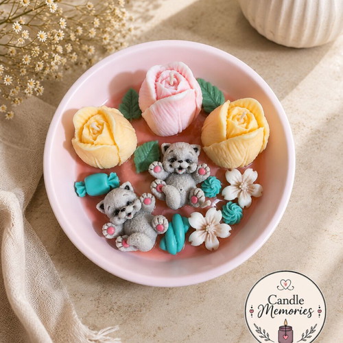 Handmade scented candle with kittens, soy wax, reusable porcelain container