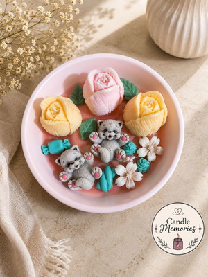 Handmade scented candle with kittens, soy wax, reusable porcelain container