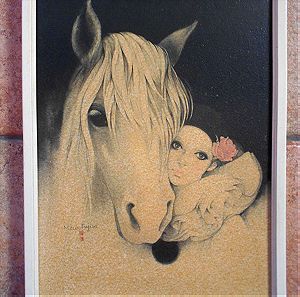 Ξύλινη Άσπρη Κορνίζα με Πίνακα ''Κορίτσι και Λευκό Άλογο'', Διαστάσεις 0,32 Χ 0,42 εκατοστά.