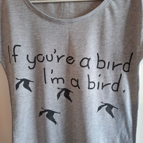 T-shirt gray with 'If you're a bird I'm a bird' print like new, S/M